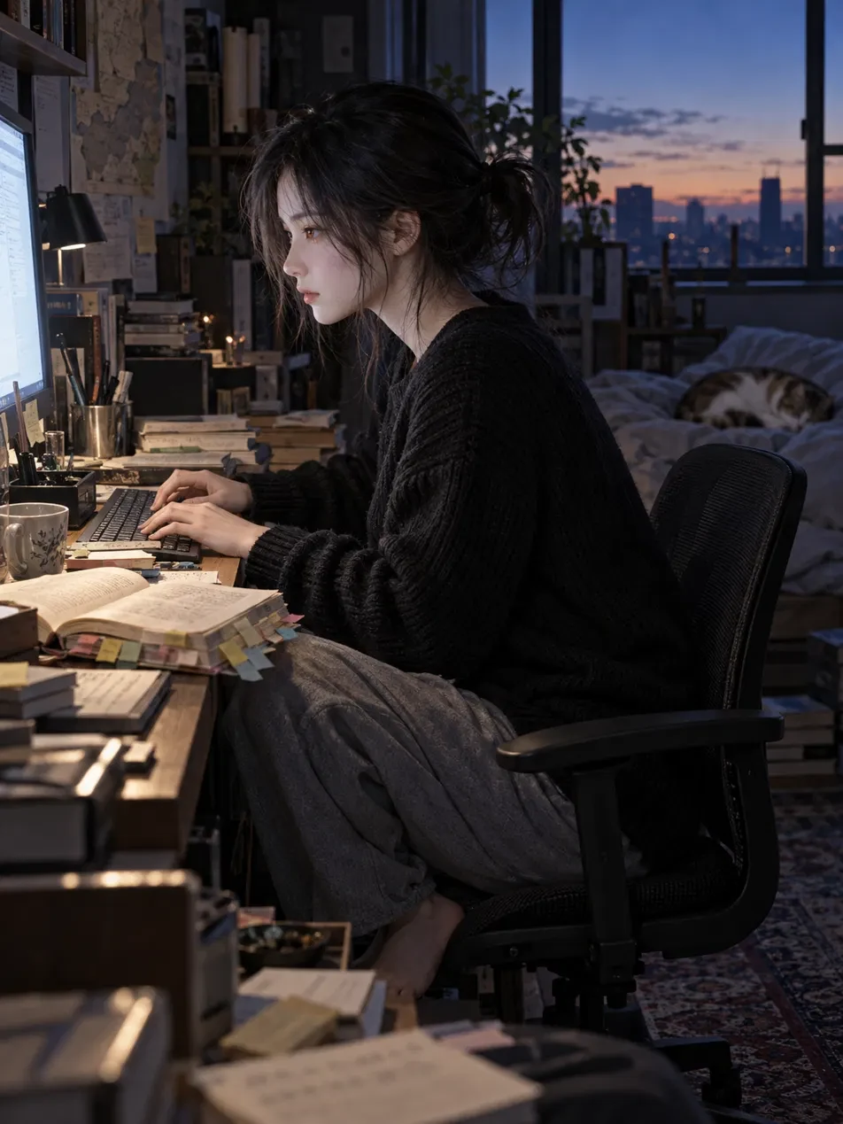 夜明け前の作業部屋で、付箋だらけの『三国志』を机に開き、画面に向かって経歴を書き直している人